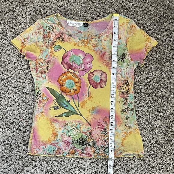 Vtg Yellow Colorful Sheer Mesh Flower Paisley Graphic Baby T Shirt Y2K Fairy M - Picture 9 of 9